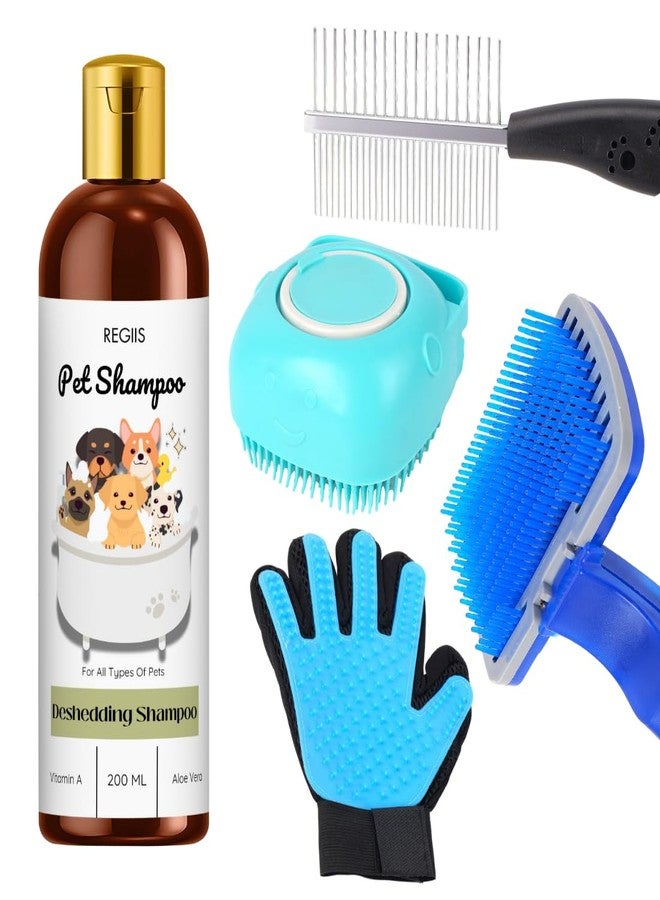 مجموعة العناية بالحيوانات الأليفة مع شامبو لإزالة الشعر الزائد، زجاجة سعة 200 مل، قفاز للعناية، مجموعة فرش للكلاب والقطط (عبوة من 5 قطع) - Image 1